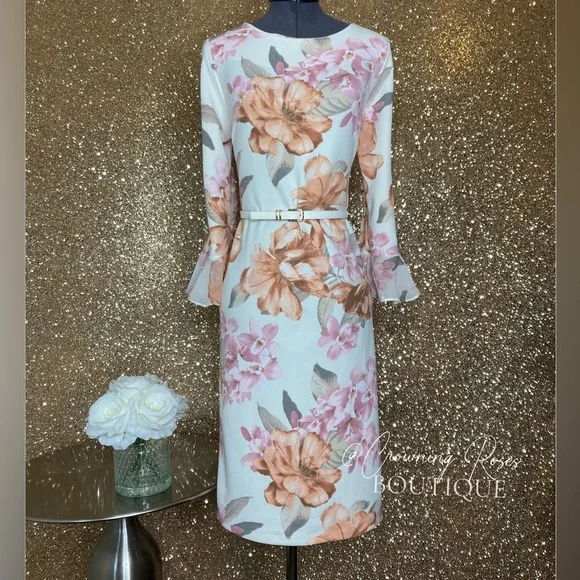 Shelby & Palmer Dresses | Shelby & Palmer White & Pink Floral Print Midi Dress & Elbow Length Bell Sleeves | Color: Pink/White | Size: 6 |